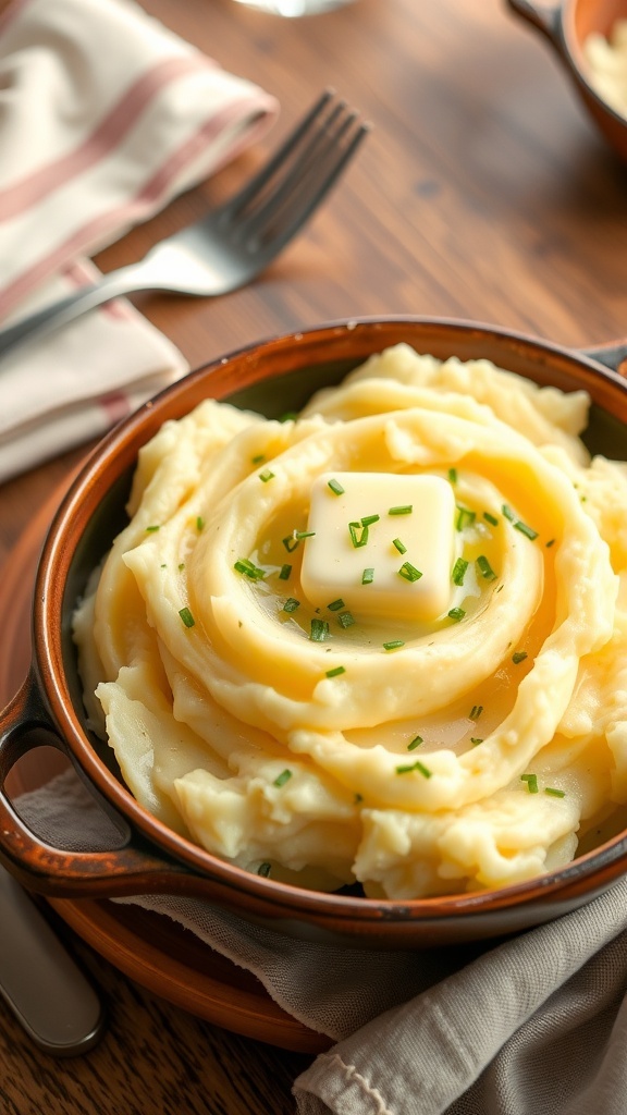 Creamy mashed potatoes in a bowl topped with butter and chives, on a rustic dining table.